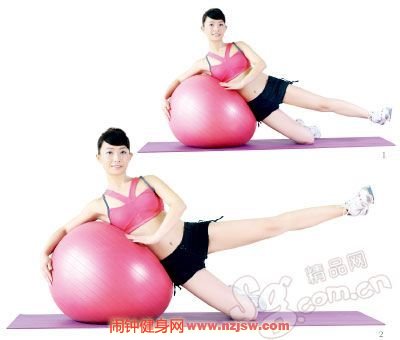 健身球侧卧腿抬举，锻炼大腿外侧、臀大肌、侧腰